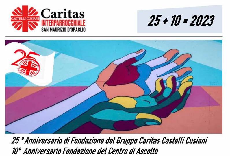 La locandina delle iniziative per festeggiare gli anniversari di Caritas nei Castelli Cusiani