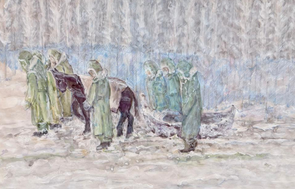 Un dettaglio dell'acquarello dell’artista novarese Bragonzi, con la ritirata degli Alpini dalla Russia, custodito da mons. Aldo Del Monte